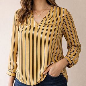 Maurices Women's Medium Mustard Yellow Striped Blouse Zip Pocket Size Top Shirt